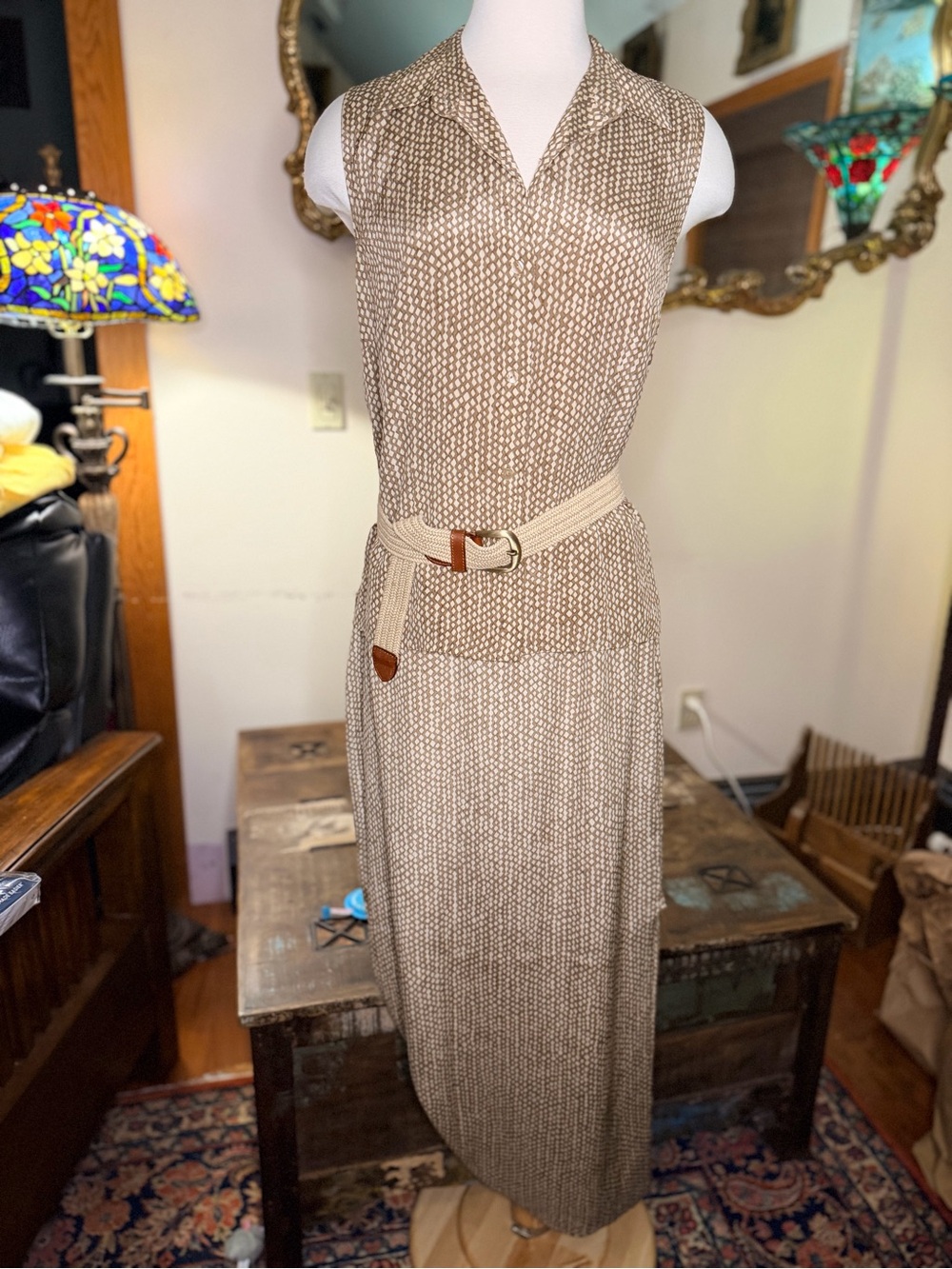 Vintage Ann Taylor Beige Silk Patterned Sleeveless Top and Maxi Skirt  with Belt